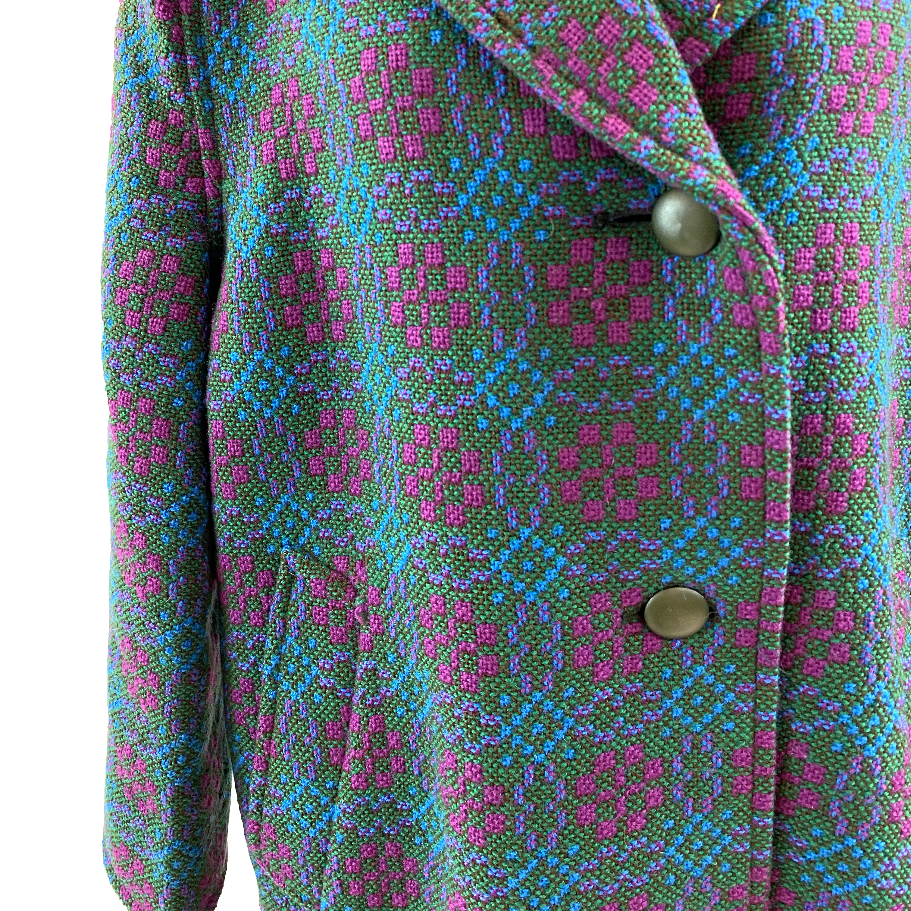 Real Welsh Tapestry Vintage Green/Purple/Blue Woolen Coat & Matching Purse