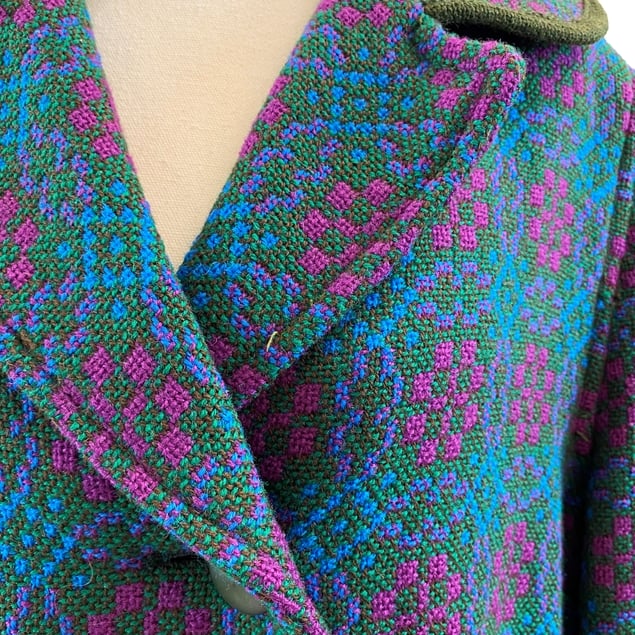Real Welsh Tapestry Vintage Green/Purple/Blue Woolen Coat & Matching Purse