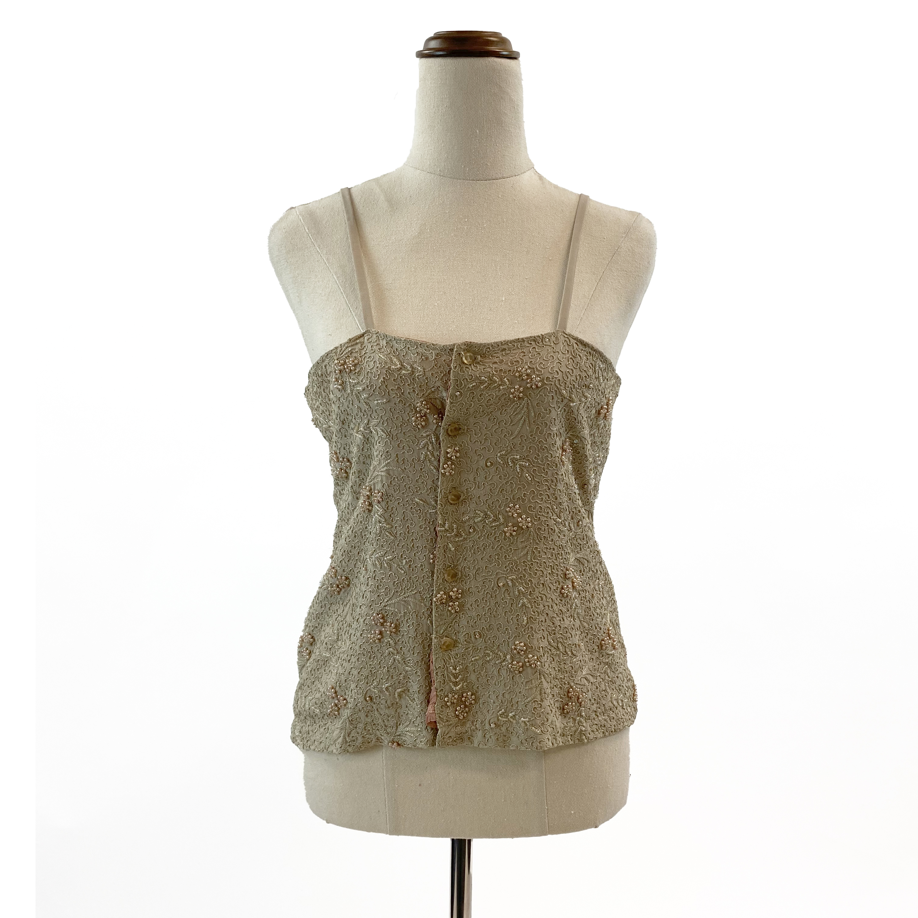 Dark Beige/Blush Silk Embroidered and Beaded Button-up Cami