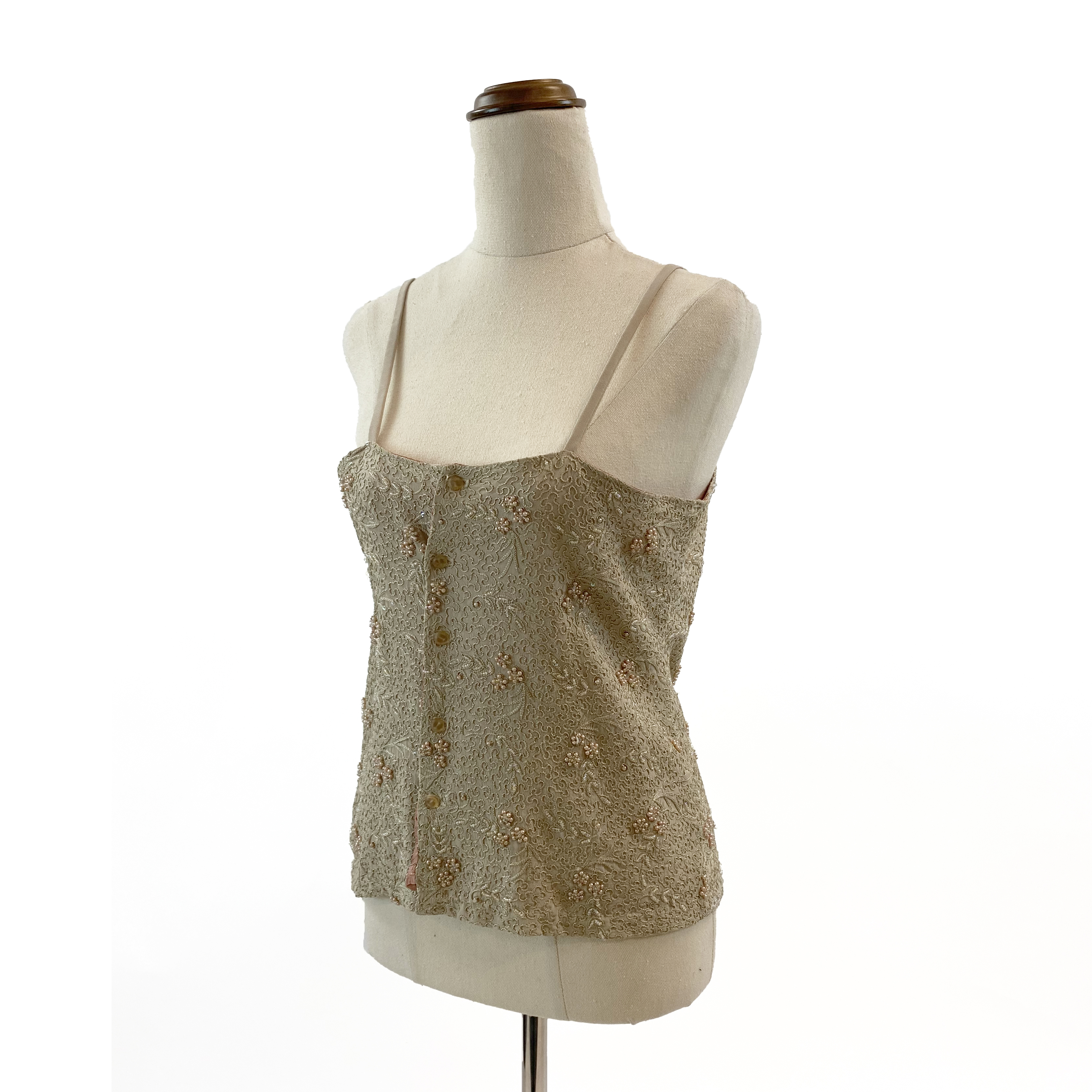 Dark Beige/Blush Silk Embroidered and Beaded Button-up Cami