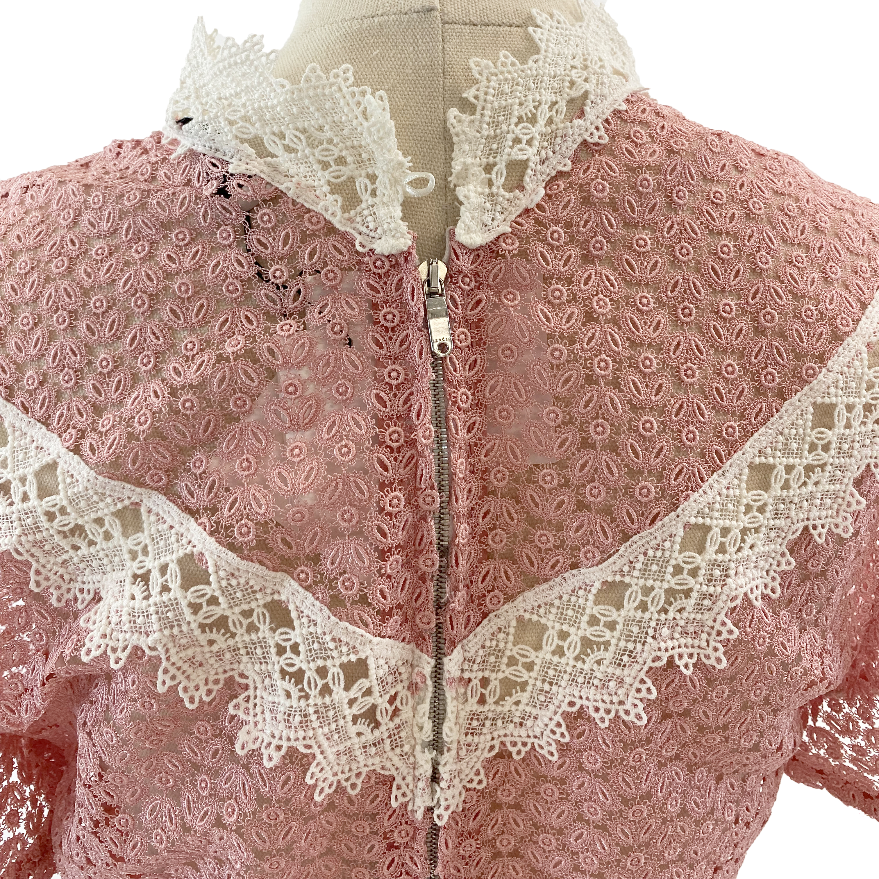 Sandro Gavin Pink & White Puff-Sleeve Lace-Effect Dress