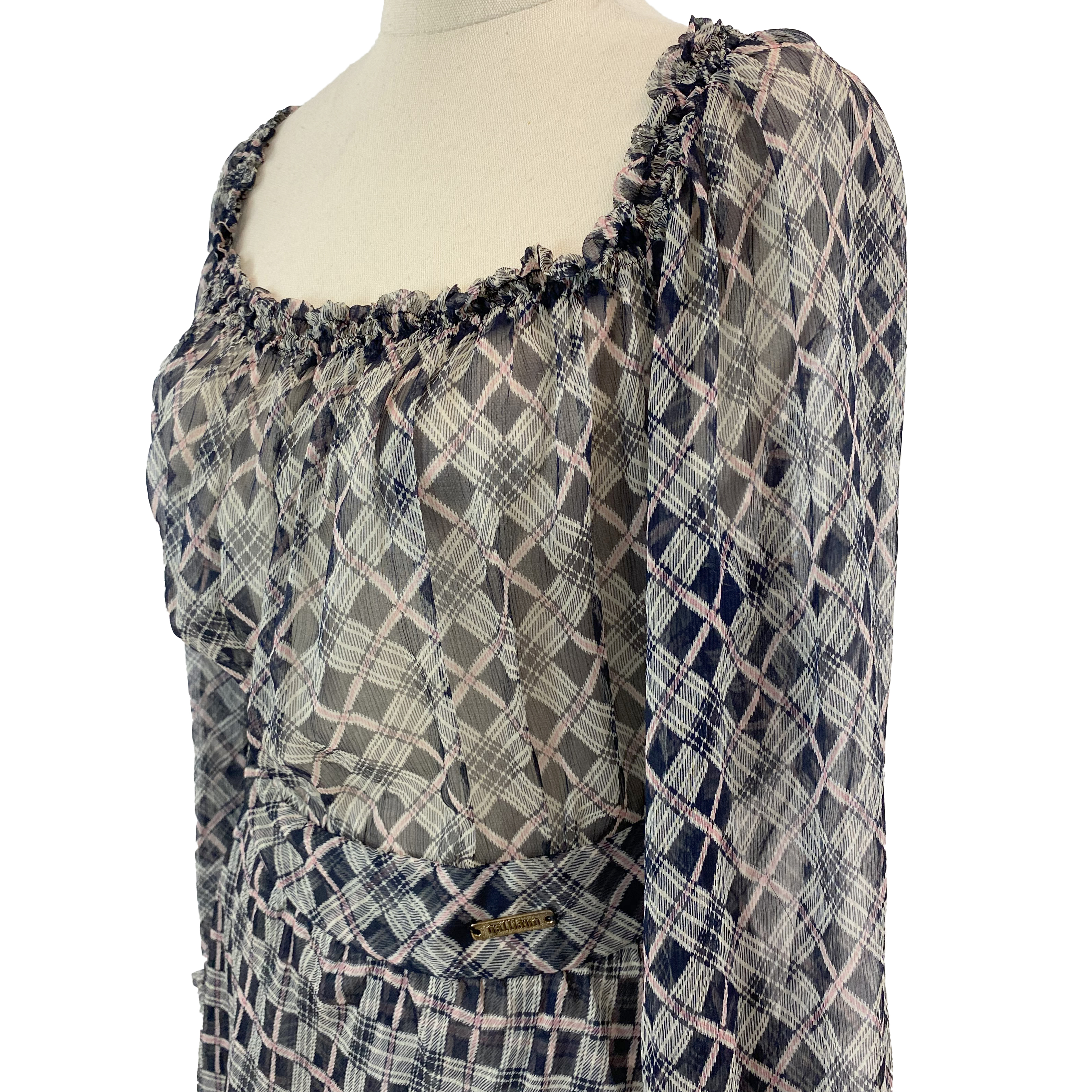 Galliano Checkered Black/White/Pink Sheer Silk Dress