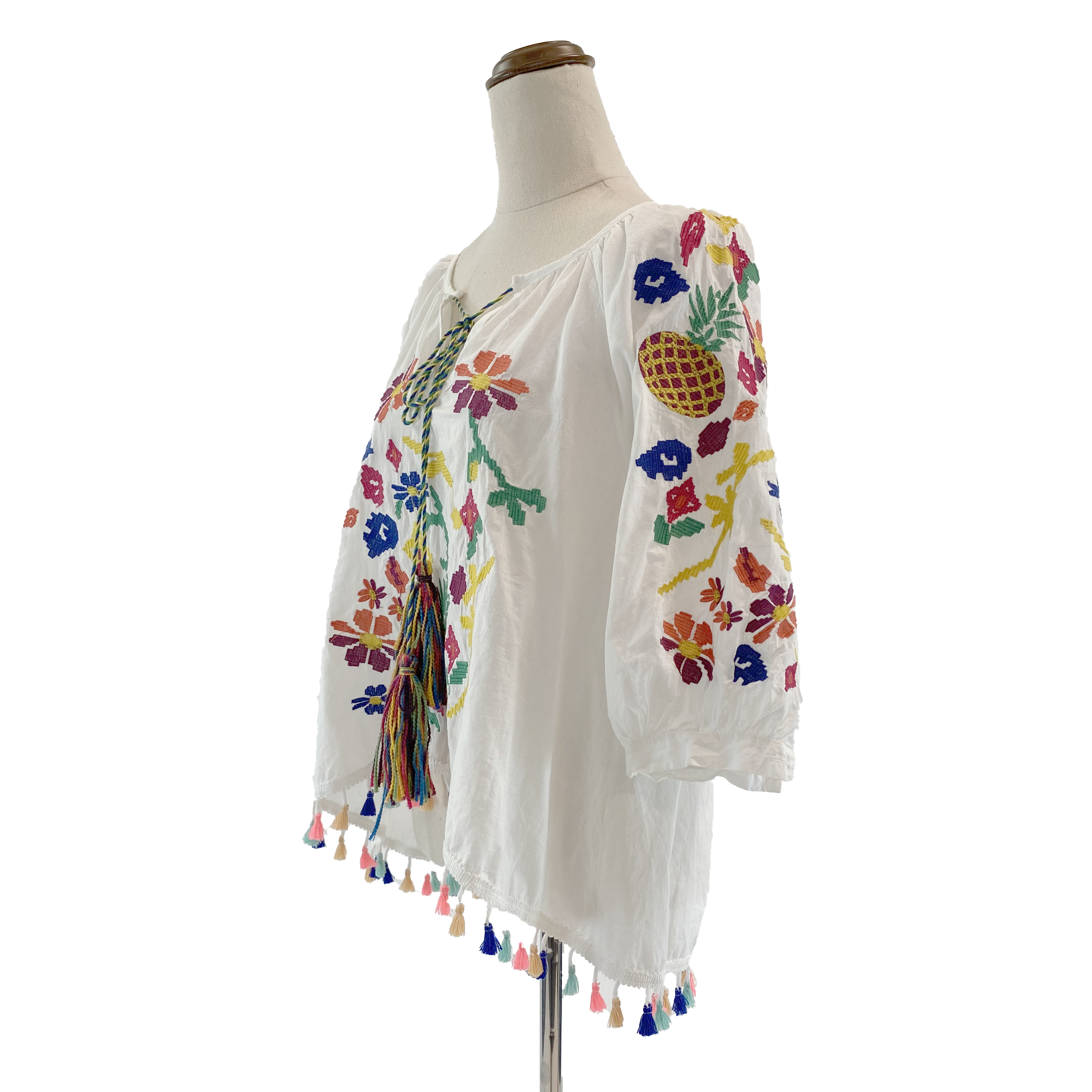 Ava Ruby Colourful Embroidered Peasant Top - White
