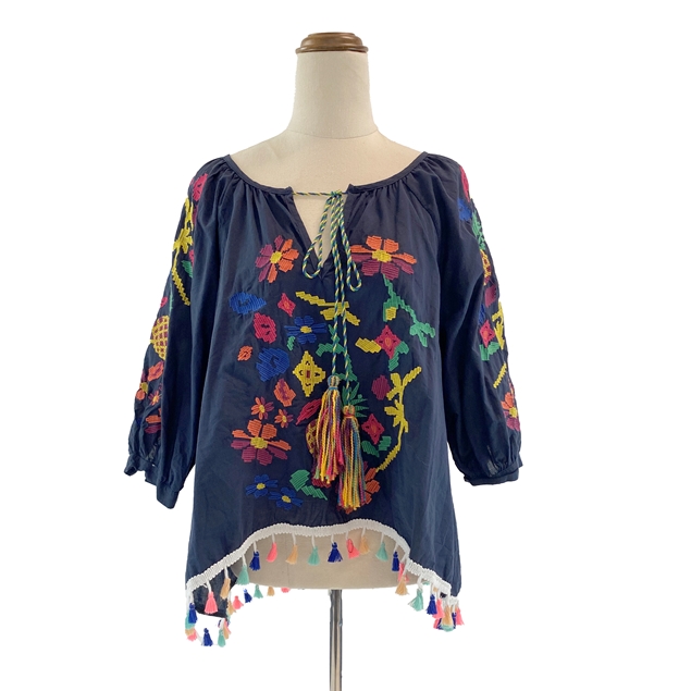 Ava Ruby Colourful Embroidered Peasant Top - Navy
